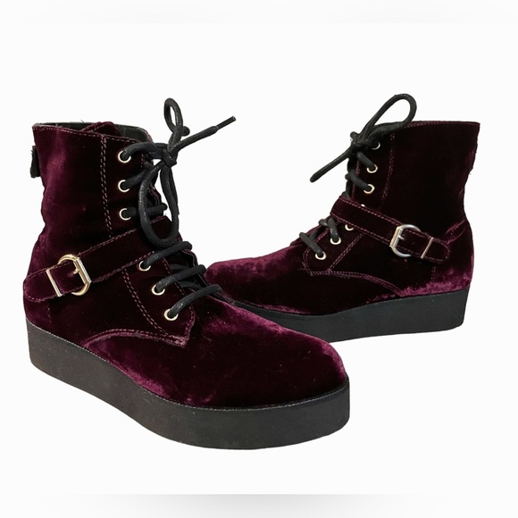 Burgundy Velvet Lace Up Platform Boots - Picture 1 of 8